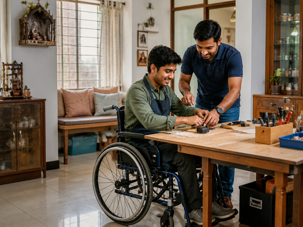 Wheelchair user working at a craft bench with a colleague