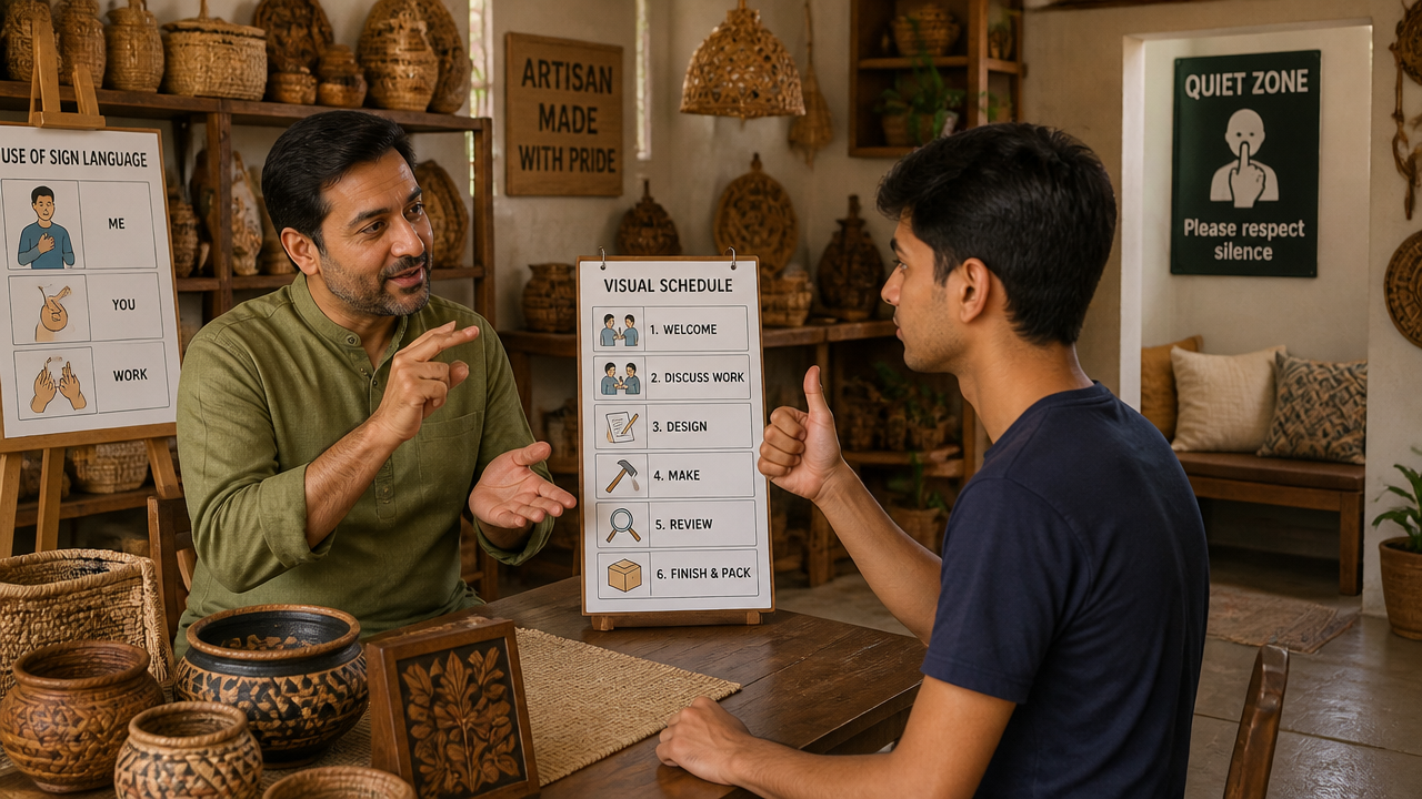 Sign-language conversation in a bright workshop