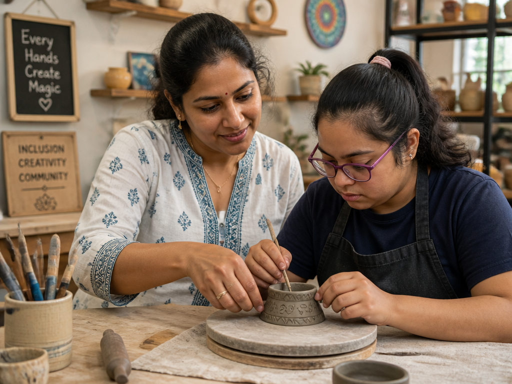 Mentor guiding a neurodivergent artisan at a workbench