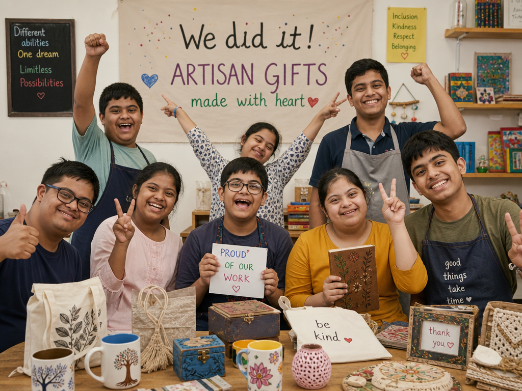 Group of artisans with disabilities celebrating their finished work